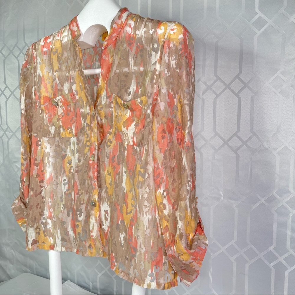 Ruby Rd. Abstract Earthy Watercolor Sheer Button Up Blouse Size 8 - Picture 4 of 14